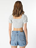 Slim Fit Büzgülü Crop Yeşil Kadın Kısa Kol Gömlek
