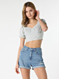 Slim Fit Büzgülü Crop Yeşil Kadın Kısa Kol Gömlek