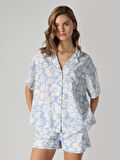 Regular Fit Shirt Neck Baskılı Mavi Kadın Kısa Kol Gömlek