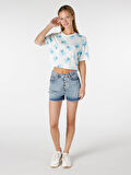 Regular Fit Baskılı Crop Beyaz Kadın Kısa Kol Tişört