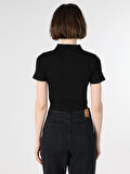 Slim Fit Bisiklet Yaka Crop Siyah Kadın Kısa Kol Tişört