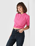Normal Kesim Polo Yaka Crop Pembe Kadın Kısa Kol Tişört