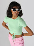 Slim Fit Bisiklet Yaka Crop Yeşil Kadın Kısa Kol Tişört
