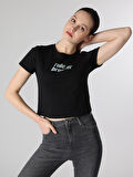 Regular Fit Bisiklet Yaka Baskılı Siyah Kadın Kısa Kol Tişört