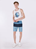 Slim Fit Orta Bel Baskılı Mavi Erkek Deniz Şortu