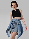 Slim Fit V Yaka Crop Siyah Kadın Atlet