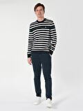 Regular Fit Bisiklet Yaka Çizgili Lacivert Erkek Kazak