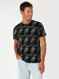 Regular Fit Bisiklet Yaka Baskılı Siyah Erkek Kısa Kol Tişört