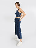Dar Kesim Fermuarlı Denim Crop Mavi Kadın Gömlek K.Kol