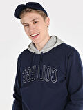 Regular Fit Baskılı Kapüşonlu Lacivert Erkek Sweatshirt
