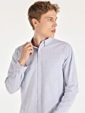 Regular Fit Shirt Neck Çizgili Mavi Erkek Uzun Kol Gömlek