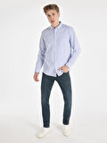 Regular Fit Shirt Neck Çizgili Mavi Erkek Uzun Kol Gömlek