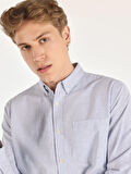 Regular Fit Shirt Neck Çizgili Mavi Erkek Uzun Kol Gömlek