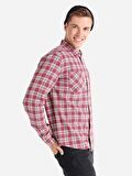 Slim Fit Kareli Cep Detaylı Bordo Erkek Uzun Kol Gömlek