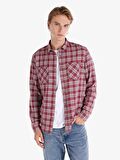 Slim Fit Kareli Cep Detaylı Bordo Erkek Uzun Kol Gömlek