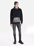 Regular Fit Baskılı Kapüşonlu Siyah Erkek Sweatshirt