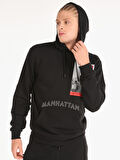 Regular Fit Baskılı Kapüşonlu Siyah Erkek Sweatshirt