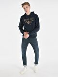 Regular Fit Baskılı Kapüşonlu Lacivert Erkek Sweatshirt
