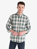 Slim Fit Shirt Neck Ekoseli Yeşil Erkek Uzun Kol Gömlek