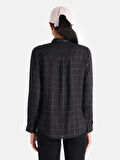 Slim Fit Kareli Siyah Kadın Uzun Kol Gömlek