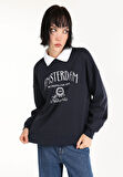 Regular Fit Polo Yaka Nakışlı Kadın Lacivert Sweatshirt