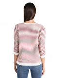Regular Fit Bisiklet Yaka Çizgili Pembe Kadın Uzun Kol Tişört