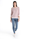 Regular Fit Bisiklet Yaka Çizgili Pembe Kadın Uzun Kol Tişört