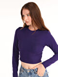 Slim Fit Bisiklet Yaka Crop Mor Kadın Uzun Kol Tişört