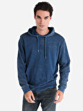 Regular Fit Baskılı Kapüşonlu Mavi Erkek Sweatshirt