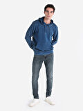Regular Fit Baskılı Kapüşonlu Mavi Erkek Sweatshirt