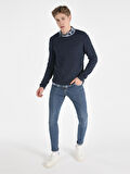 Slim Fit Bisiklet Yaka Basic Mavi Erkek Kazak