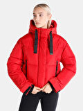 Regular Fit Kapüşonlu Şişme Cepli Kırmızı Kadın Mont