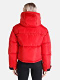 Regular Fit Kapüşonlu Şişme Cepli Kırmızı Kadın Mont