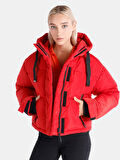 Regular Fit Kapüşonlu Şişme Cepli Kırmızı Kadın Mont