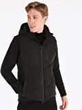 Slim Fit Fermuarlı Kapüşonlu Cep Detaylı Şişme Siyah Erkek Yelek