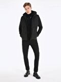 Slim Fit Fermuarlı Kapüşonlu Cep Detaylı Şişme Siyah Erkek Yelek