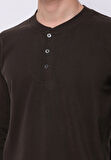 Slim Fit Düğmeli Yaka Düz Erkek Kahverengi Uzun Kol Tişört