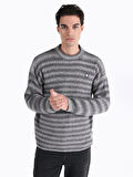 Regular Fit Bisiklet Yaka Çizgili Triko Gri Erkek Kazak