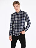 Slim Fit Kareli Lacivert Erkek Uzun Kol Gömlek
