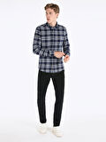 Slim Fit Kareli Lacivert Erkek Uzun Kol Gömlek