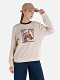 Regular Fit Baskılı Bej Kadın Sweatshirt