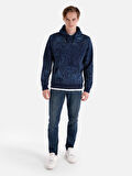 Regular Fit Baskılı Kapüşonlu Lacivert Erkek Sweatshirt