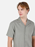 Normal Kesim Shirt Yaka Cepsiz Yeşil Erkek Kısa Kol Gömlek Cl1066937