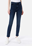 Slim Fit Orta Bel Düz Paça Kadın İndigo Jean Pantolon