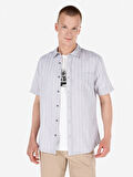 Normal Kesim Shirt Yaka Baskılı Gri Erkek Kısa Kol Gömlek Cl1067847