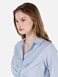 Normal Kesim Shirt Yaka Mavi Kadın Uzun Kol Gömlek
