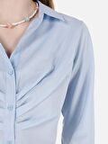 Normal Kesim Shirt Yaka Mavi Kadın Uzun Kol Gömlek