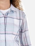 Normal Kesim Shirt Yaka Mavi Kadın Uzun Kol Gömlek