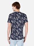 Normal Kesim Bisiklet Yaka Desenli Lacivert Erkek Kısa Kol Tişört
