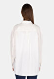 Relaxed Fit Shirt Neck Düz Kadın Beyaz Uzun Kol Gömlek